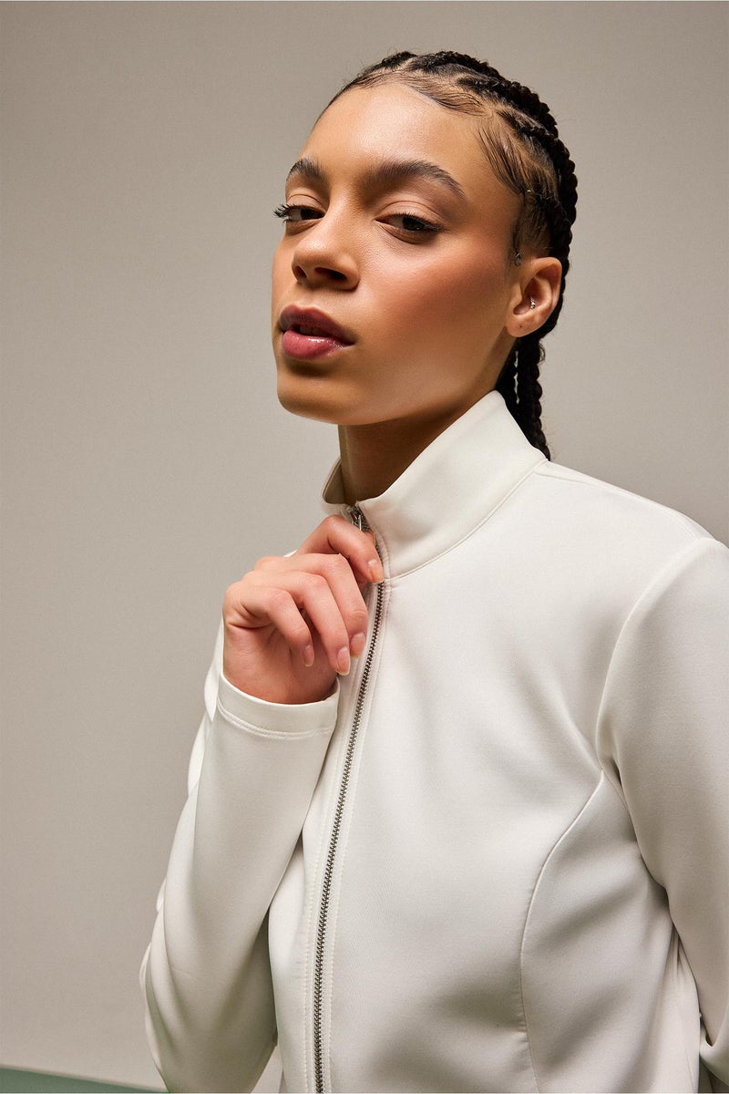 DeFacto White Woman Standard Fit High Neck Scuba Fabric Zip-Up Sweatshirt Casual - Image 3